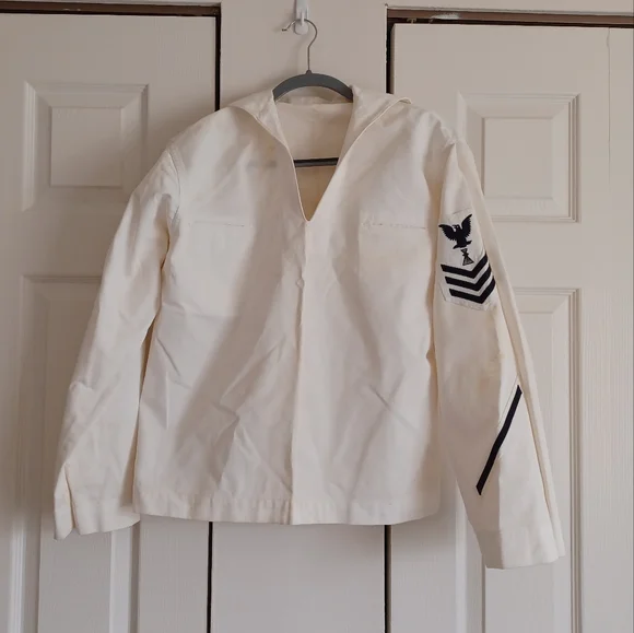 50s - 60s Vintage White 2 Navy Uniform Tops with Black Insignia. Shirts Retro - Picture 2 of 16